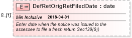 XSD Diagram of DefRetOrigRetFiledDate in schema itr-4_2018_master_xsd (Income Tax Department India ITR-4)